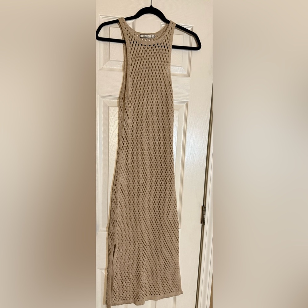 2Bella Beige Crochet Knit Maxi Dress Small Sleeveless Boho Beach Cover Up
